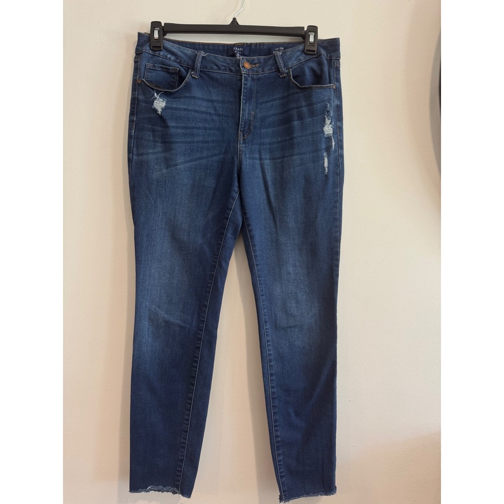 Kaari Blue Mid Rise Skinny Ankle Jeans Women 12 Dark Wash Distressed Raw Hem